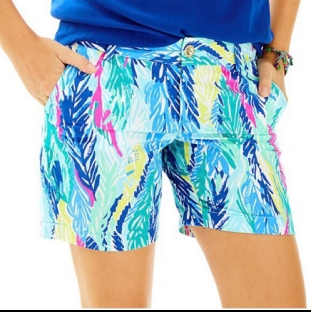 Lilly Pulitzer Multicolor Leaf-Print Women's Shorts - Blue, Aqua, Pink, Yellow
